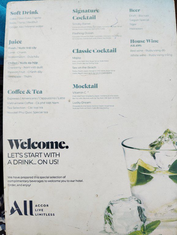 Welcome Drinks Menu at Novotel Phu Quoc Resort