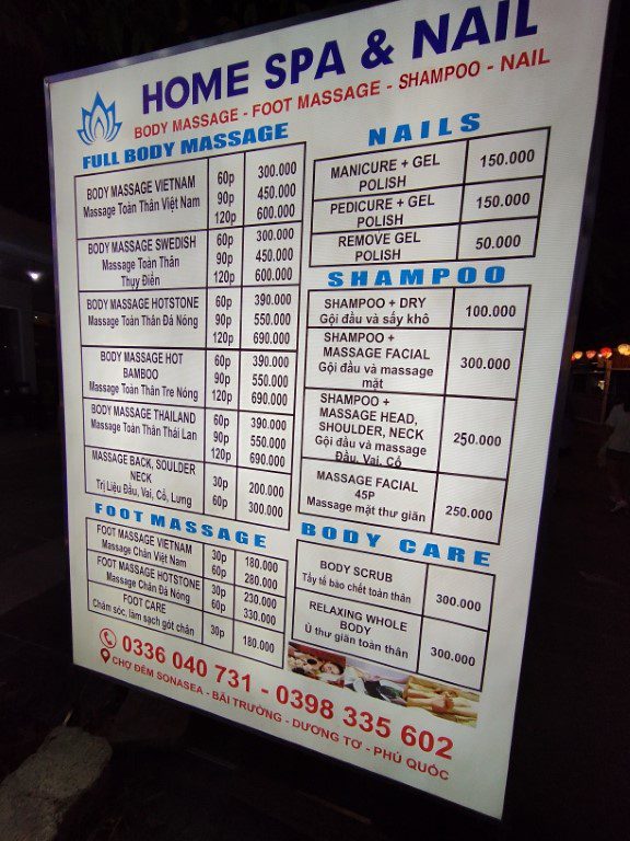 Sonasea Shopping Center Home Spa and Nail Menu Prices