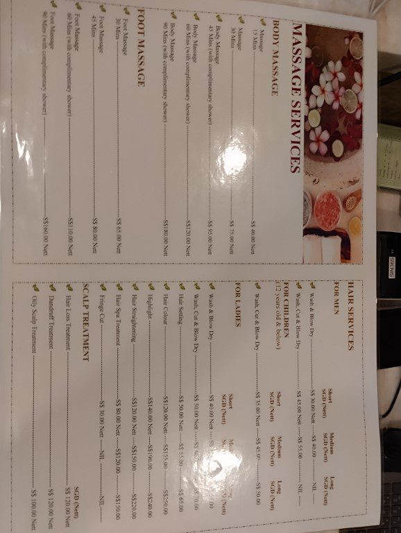 TranSpa Changi Airport Terminal 2 Menu