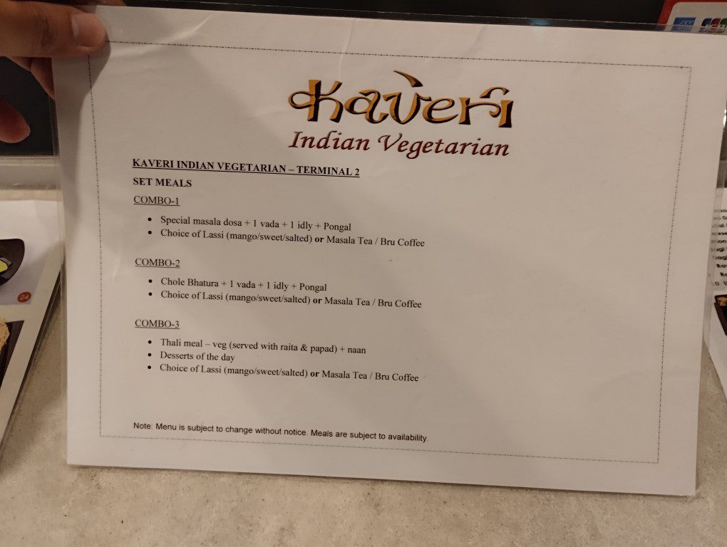 Kaveri Indian Vegetarian Changi Airport Terminal 2 Priority Pass Menu