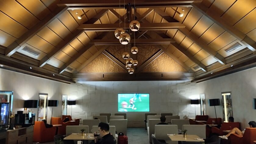 Sky Suite Lounge KLIA T1 with its A-Frame House interior and supporting wooden frames