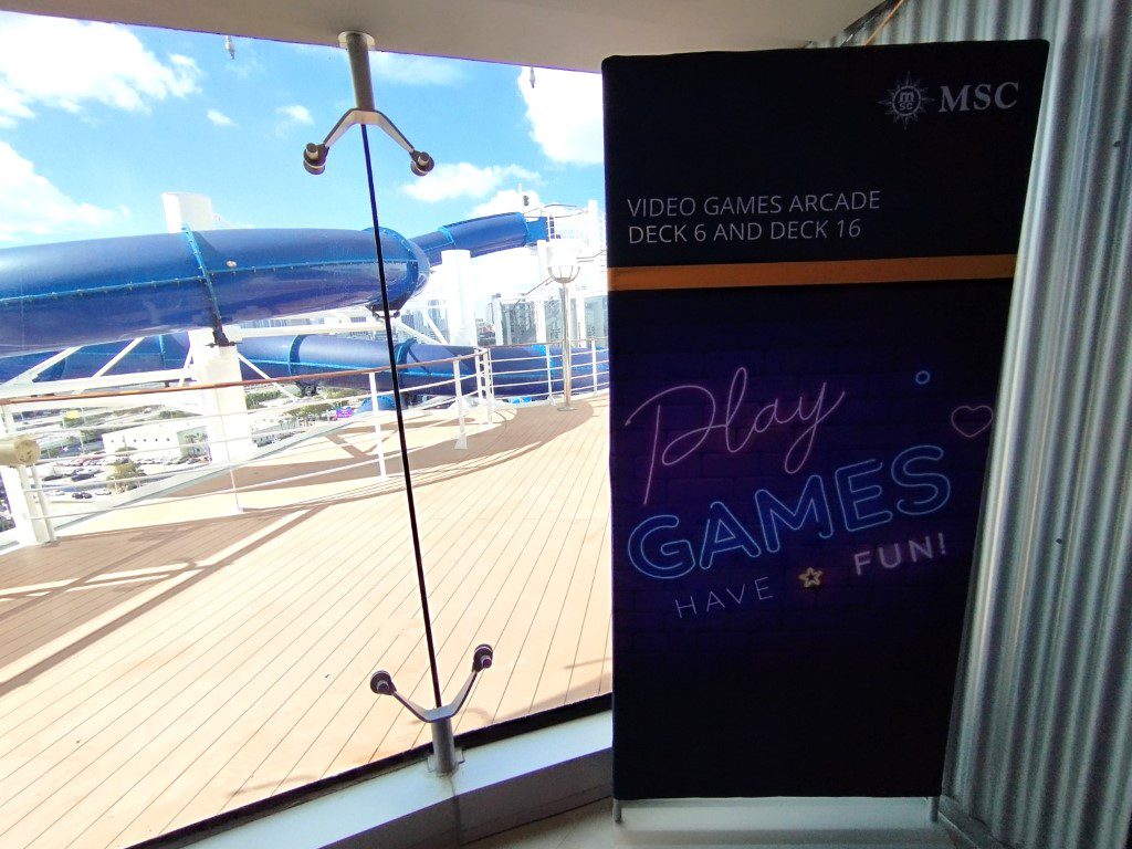 MSC Divina Video Games Arcade at Deck 16 with views of the outdoor slides