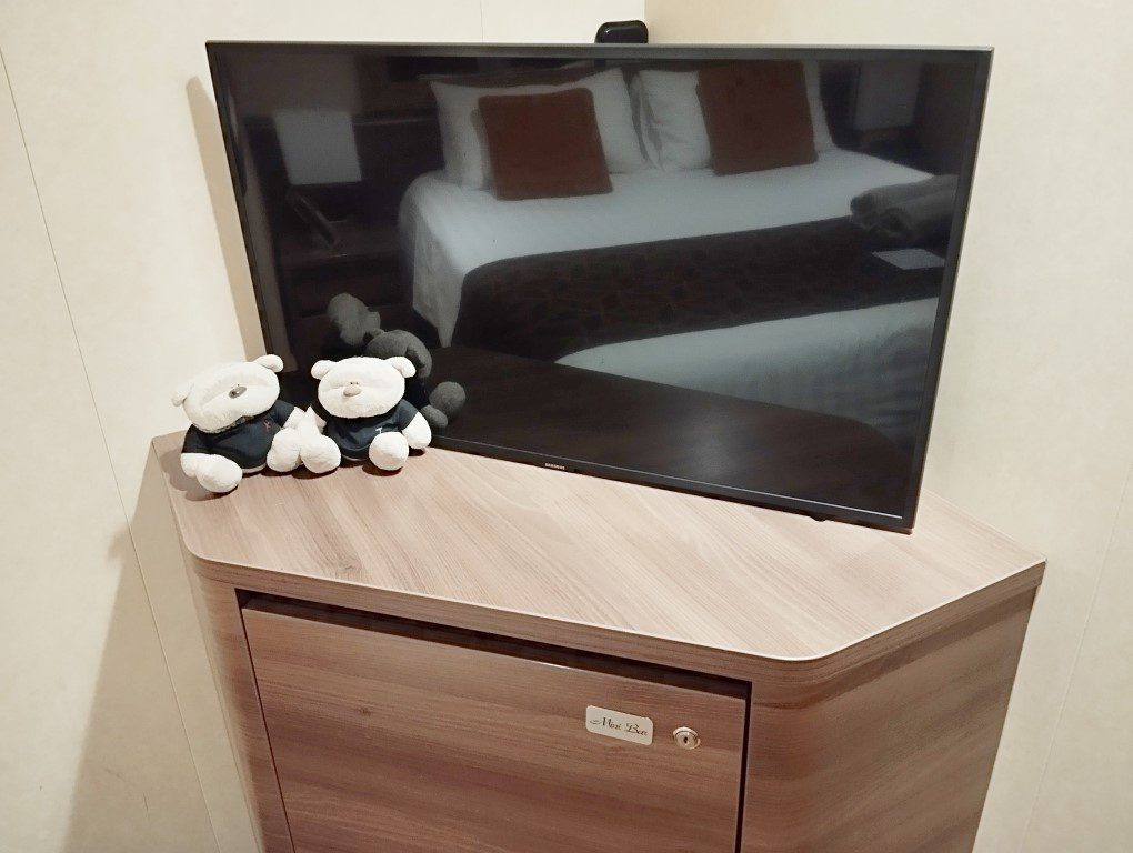 KLOVE Cruise 2024 MSC Divina Interior Room - TV for cable when close to shore or pre/post-recorded videos onboard