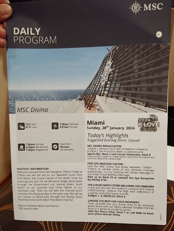 KLOVE Cruise MSC Divina Daily Program Day 1 - Sunday 28th January