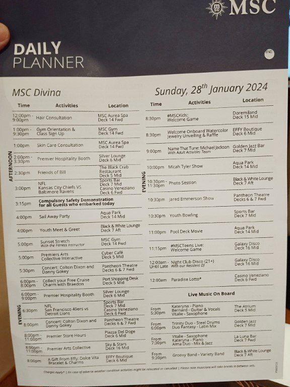 KLOVE Cruise MSC Divina Daily Program Day 1 - Sunday 28th January - Activities and Venues