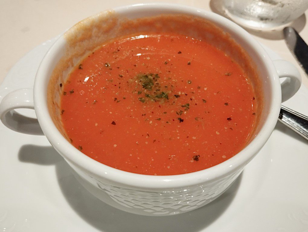 KLOVE Cruise 2024 MSC Divina Day 1 Dinner - Fire Roasted Tomato Cream Soup