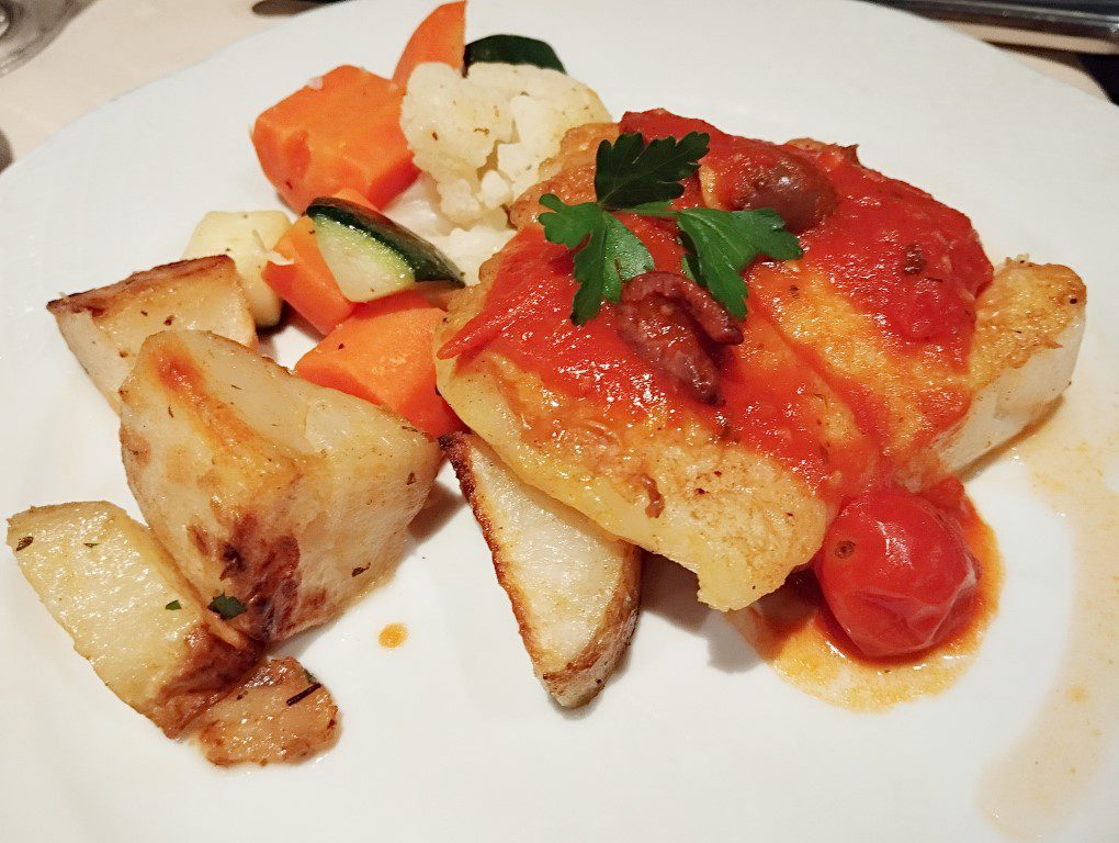 KLOVE Cruise 2024 MSC Divina Day 1 Dinner - Baked Grouper with Cherry Tomatoes, Olives and Dill