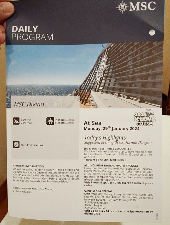 KLOVE Cruise 2024 MSC Divina Daily Program Day 2 - Monday 29th January - Sea Day