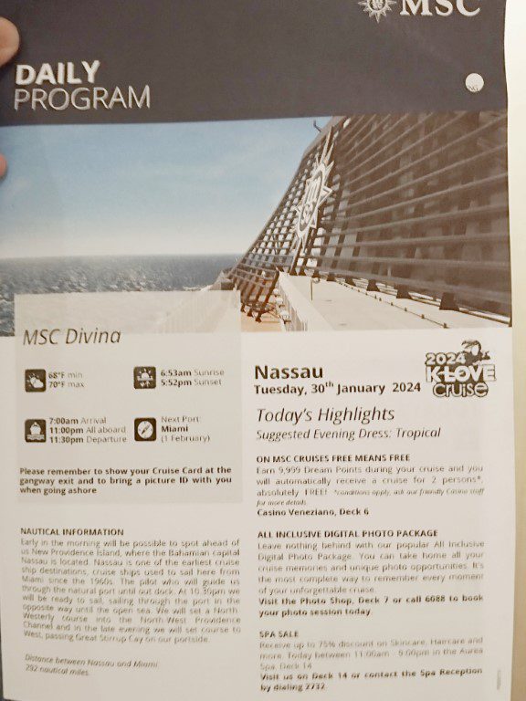 KLOVE Cruise 2024 MSC Divina Daily Program Day 3 - Monday 30th January - Highlights