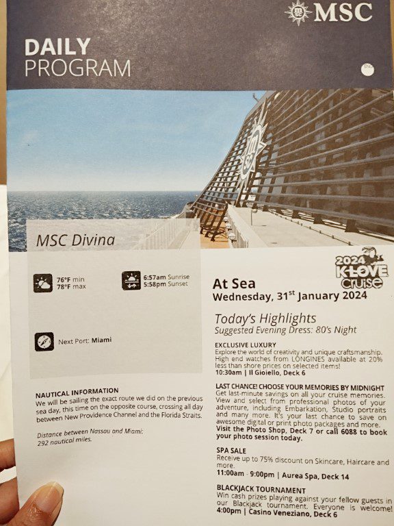 KLOVE Cruise 2024 MSC Divina Daily Program Day 4 - Wednesday 31st January 2024