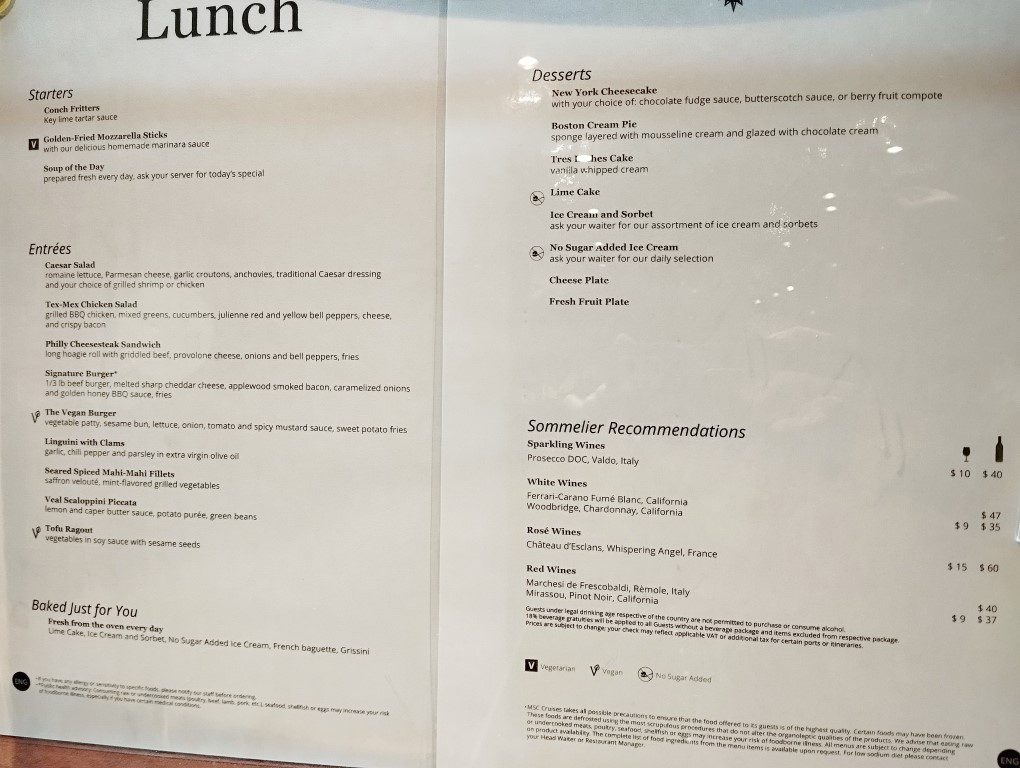 KLOVE Cruise 2024 Day 4 Lunch Menu