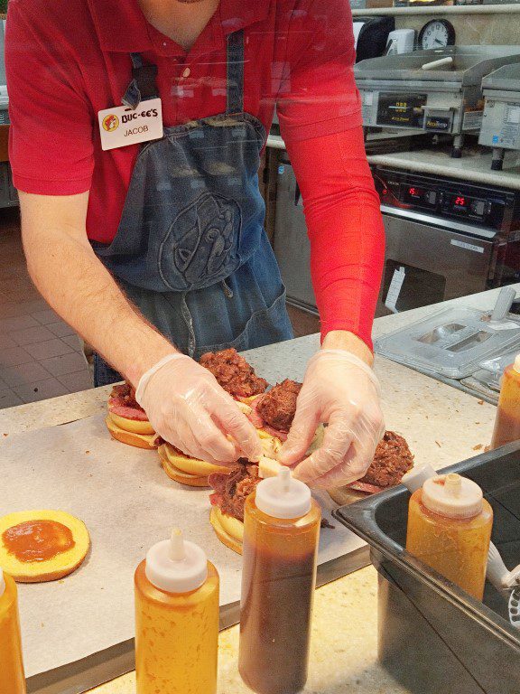 Freshly made barbecue sandwiches at Buc-ee's