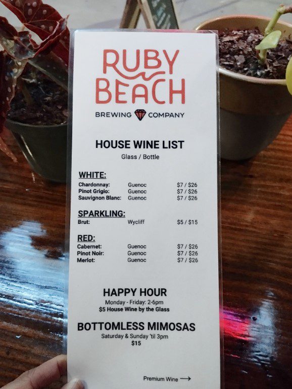 Ruby Beach Brewing Company House Wine List Menu