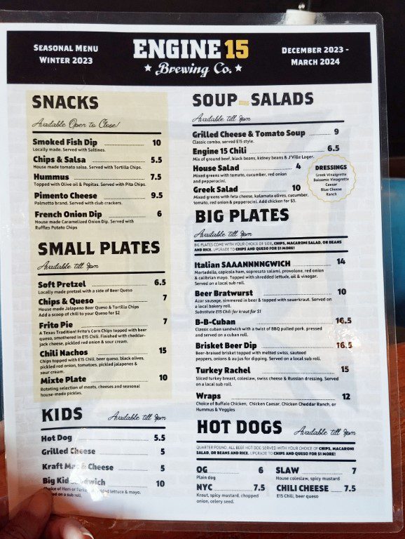 Engine 15 Brewery & Kitchen Jacksonville - Food Menu