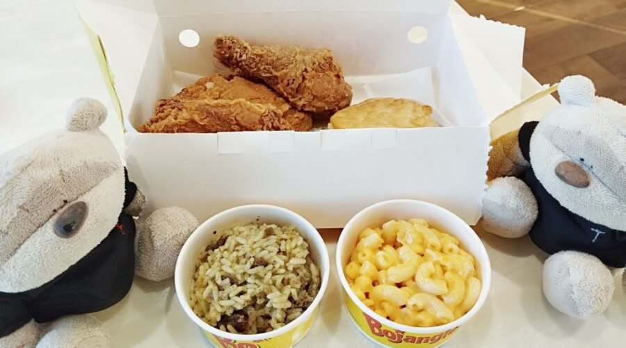 3 piece dinner with dirty rice, mac and cheese and biscuit at Bojangles