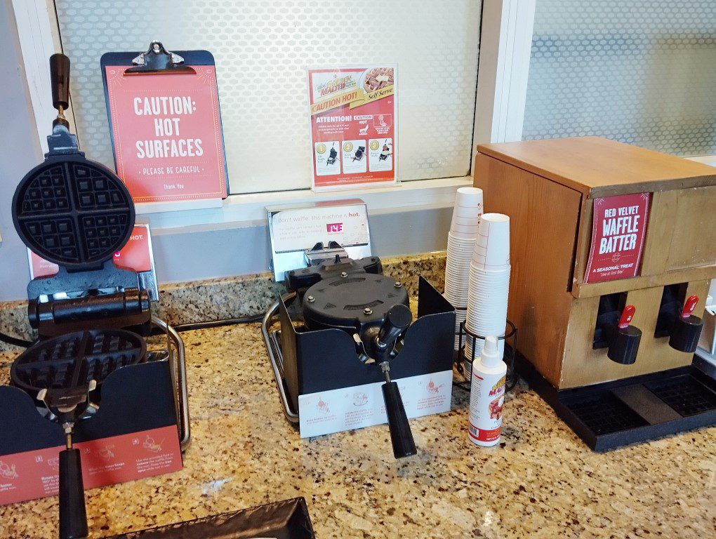 Hampton Inn & Suites Charlotte Arrowood Road Review - Hot Breakfast Buffet Waffles Machine with red velvet batter!