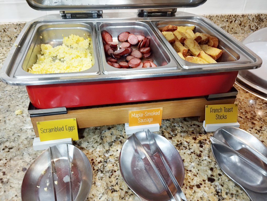 Hampton Inn & Suites Charlotte Arrowood Road Review - Hot Breakfast Buffet Sausage French Toast and Scrambled Eggs