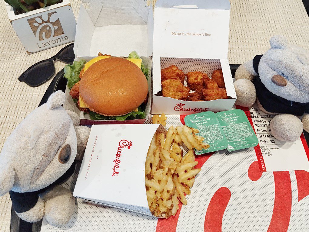 Chick-fil-A Deluxe ($9.25), 8 pc Nuggets ($4.85), Chocolate Milk Shake ($4.45) at Chick-fil-A