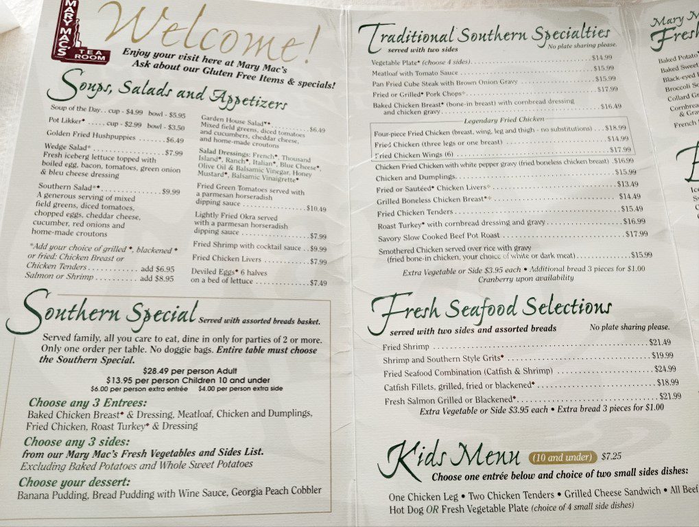 Mary Mac's Tea Room Menu - Traditional Southern Specialties