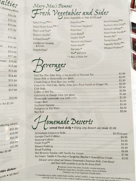 Mary Mac's Tea Room Menu - Beverages and Homemade Desserts