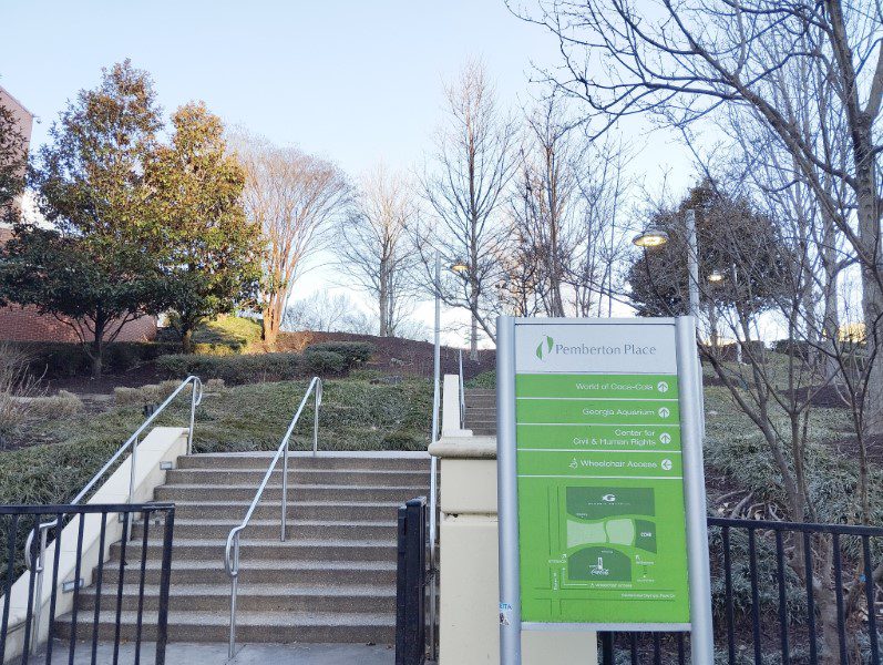 Walking from Darwin Hotel to Pemberton Place Atlanta where attractions such as World of Coca-Cola and Georgia Aquarium are located