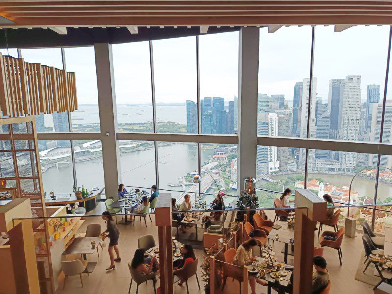 View of SKAI restaurant upon exit from lift at level 70 at Swissotel The Stamford Hotel