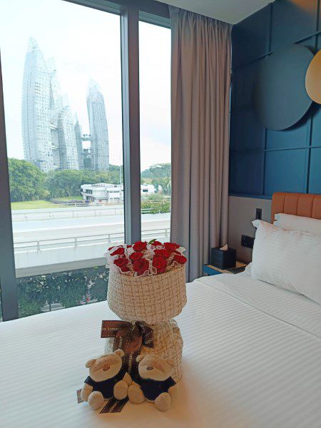 2bearbear with flowers and views of the Reflections at Keppel Bay from Deluxe Room at Faber Park Hotel Singapore