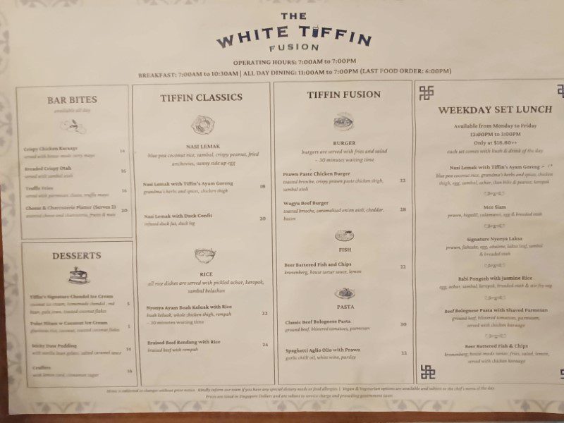 The White Tiffin Fusion Menu at Hotel Faber Park Singapore Handwritten Collection - Food Selection