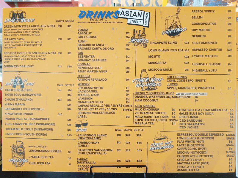 Asian Street Kitchen Changi Airport Terminal 2 Drinks Menu